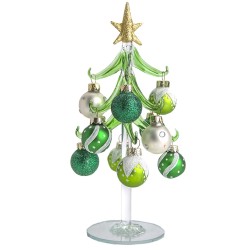 Figura Decorativa Árbol de Navidad Diseño Vidrio 20 cm con Esferas Verdes y Plateadas Running Decora